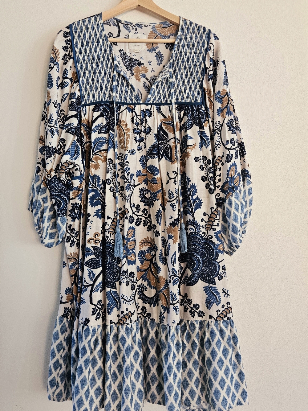 Umgee Blue and Tan Boho Patchwork Midi Dress